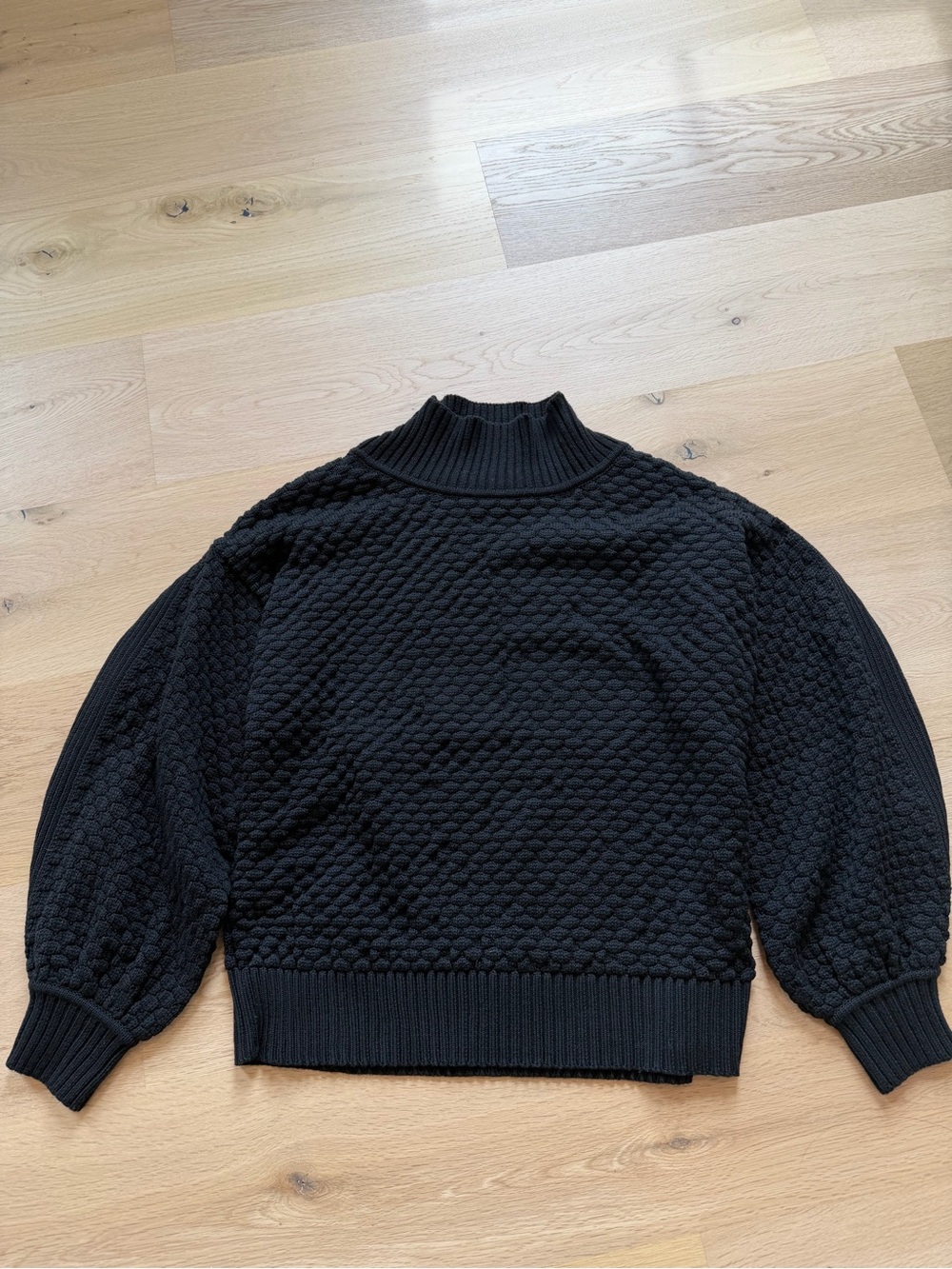 Textured Black Cowl-Neck Sweater with Balloon Sleeves